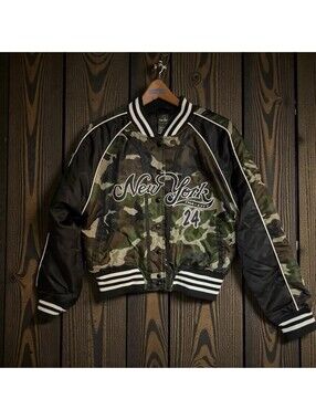 Raw Blue NY Tha City 24 Camo Varsity Jacket DS Y2K Boutique Large
